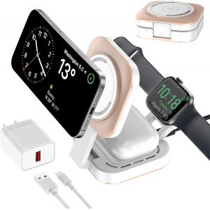 JGD-Chargeur sans Fil 3 en 1 pour appareils Apple, Chargeur Induction, 3 en 1 Station de Charge Rapide pour Magsafe iPhone 17/Air/16/15/14/13/12, Apple Watch, AirPods Pro/2/3/4 (Adaptateur Inclus) (D - Neuf