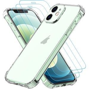 Maa-Coque Pour Iphone 12/12 Pro Avec 3 Pièces Verre Trempé Protection Écran, Transparente Silicone Tpu Bumper Housse Case Cover, Anti-Jaunissement, Anti-Rayures, Dos Rigide Hd Clair Étui - Neuf