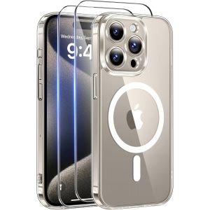 KALANKA-Magn&eacute;tique Coque pour iPhone 15 Pro avec 2 Verres Tremp&eacute;s,Compatible avec Mag Safe [Anti-Jaunissement] Dos Anti Rayures Coque Antichoc Protection Militaire &eacute;tui iPhone 15 Pro,Transparente - Neuf
