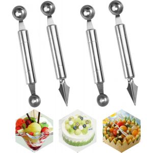Mevronisshop-4 Pi&egrave;ces Outil &Agrave; D&eacute;couper Les Fruits, 2 En 1 Couteau Pour Sculpture Fruits, Cuill&egrave;res &Agrave; Fruits En Acier Inoxydable, &Eacute;plucheur De Melon, Couteau &Agrave; D&eacute;couper Fruits Multifonctionnel Pour Ma - Neuf