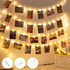 KAL-Guirlande Lumineuse Photo Avec Minuterie, 100 Led 10M Guirlande Photo Avec 60 Clips Batterie Alimenté Porte Photos Pour Decoration Interieur Chambre, Mariage, Anniversaire-Blanc Chaud - Neuf