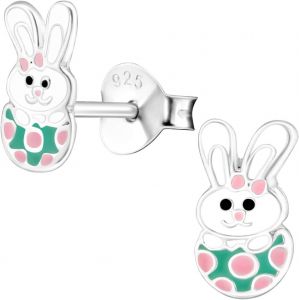 Kal-Boucles D'oreilles Pour Fille - Motif Lapin - 9 X 6 Mm - Blanc, Rose, Turquoise - Argent Sterling 925 - Neuf