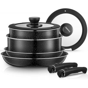 Subzonal-Set Poele Et Casserole Induction 8 Pi&egrave;ces Avec 2 Poign&eacute;es Amovibles Et 2 Couvercle, Po&ecirc;les 20/28 Cm, Casserole 16/20 Cm, Tous Feux Dont Induction, Rev&ecirc;tement Antiadh&eacute;sif, Aluminium - Neuf