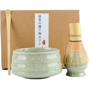 PATB-Lot de 4 sets de thé matcha, balai à matcha, bol à thé matcha, bol à matcha, pelle, porte-fouet à matcha, support à fouet à matcha (bol rond vert) - Neuf