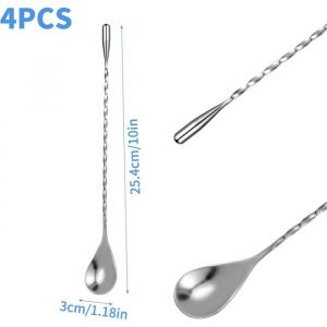 4 Pcs Cuill&egrave;res &Agrave; Cocktail - Cuill&egrave;re Longue, Acier Inox, M&eacute;langeur Long Drink &Agrave; Motif Spirale Et Poli Miroir - Neuf