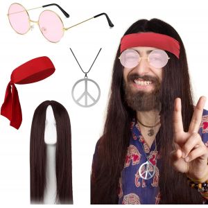 Trahoo-5pcs Punk Rock Perruque Longue Bandeau Rouge Lunettes Rondes De Soleil Collier De Paix, Rocker Déguisement Année 60 70 80, Deguisement Disco Homme Hippie Perruque Pour Halloween Fête Cosplay - Neuf