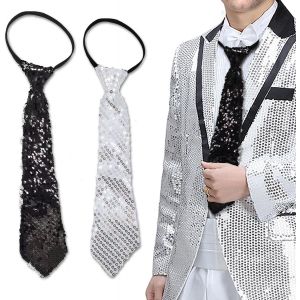 2 Pieces Glitter Tie Black Silver Tie With Elastic Sequin Accessories For Men Women Sequin Costume For Carnival Theme Party Dance Disco Banquet - Neuf