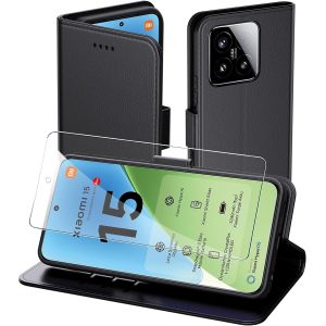 KAL-Coque Pour Xiaomi 15, Flip Case+1 Verre Tremp&eacute; Etui Protection Housse Premium En Cuir Pu, [Pochette De Portefeuille] [Fermeture Magn&eacute;tique] [Etui &Agrave; Rabat]- Noir - Neuf