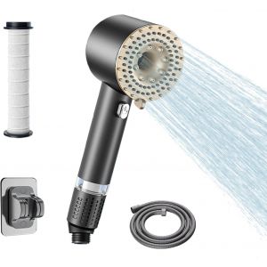 Pommeau de douche avec filtre 15 &eacute;tages, haute pression avec tuyau 1,5 m, 3+1 types de jets et massage en silicone, filtre &agrave; eau contre le calcaire, les m&eacute;taux lourds - Argent - Neuf
