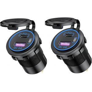 2Pcs Moto Chargeur De Voiture Usb / Qc3.0 + Pd/Type-C &Eacute;tanche, 12V / 24V Prise De Chargeur, Avec Led Et Interrupteur, Pour Voitures, Bateaux, Vtt(Bleu) - Neuf