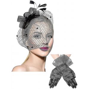 Bowknot Fascinat Chapeau Plumes Voile Mesh Bandeau Et Dentelle Courte Gants Floral Dentelle Gants - Neuf