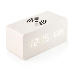 Wooden digital alarm clock with wireless charging, adjustable dimmer and white alarm volume - Neuf