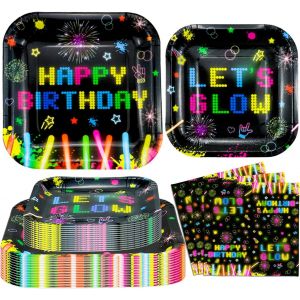 Letnerny-Lot De 120 Assiettes De Fête Phosphorescentes - Assiettes D'anniversaire Phosphorescentes - Serviettes De Table - Décoration De Fête D'anniversaire - Pour 40 Personnes - Neuf