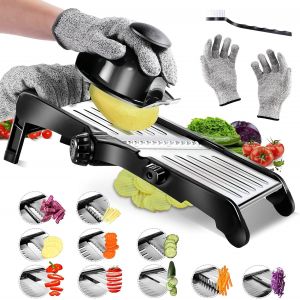 Mevronisshop-Mandoline Cuisine Professionnelle, 10 In1 Mandoline Multifonctions, Coupe Legumes Manuel Avec Lames R&eacute;glables Pour Nourriture, L&eacute;gumes, Fruits, Avec Brosse De 1 Nettoyage Et 1 Gants - Neuf