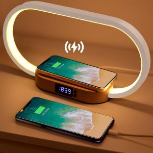 Lampe De Chevet Chargeur Sans Fil, Lampe De Chevet Tactile Avec Port Usb, Lampe Chargeur Induction Avec L'horloge, Lampe De Table Avec 3 Modes De Couleur Et Intensité Variable, Bois&blanc [Classe Énergétique G] - Neuf