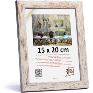 Cadre de l'image HIT - Blanc rustique (blanc vieilli optiquement avec grain de bois visible) - 15x20 cm - cadre photo en bois avec verre acrylique - Neuf