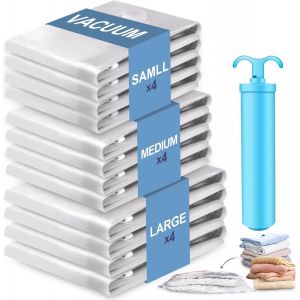 GUWH-Sac Sous Vide Vetement Aspirateur Avec Pompe Manuelle, Lot De 12 (4 Grands, 4 Moyens, 4 Petits), Sac De Rangement Sous Vide R&eacute;utilisables Pour V&ecirc;tements, Literie, Voyage - Neuf