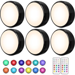Lot de 6 éclairages LED sous meuble à intensité variable-LED pour cuisine-LED Multicolore à piles-Éclairage de vitrine avec télécommande et fonction minuterie-Noir - Neuf