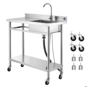 &Eacute;vier Utilitaire en Acier Inoxydable pour Cuisine-Duoku-Cuve Unique avec Roulettes-Robinet et Tuyau pour Eau Chaude et Froide - Neuf