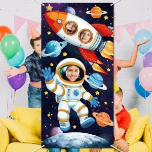 CHECARZHN--NO1-Bannière De Porte Photo De L'Espace Planète, Toile De Fond Photomaton De Importante Taille Fusée D'Astronaute Arrière Plan L'Espace Vi Drôle Trou Pour D'Anniversaire L'Espace 90X180Cm - Neuf