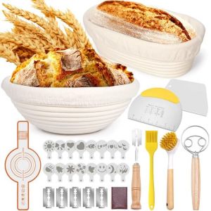 Jexnovashop-Banneton Pour Pain, Kit Boulanger Levain 10 Pi&egrave;ces, Corbeille &Agrave; Pain (23 Cm Ronde Et 25 Cm Ovale) Avec Grattoir &Agrave; P&acirc;te, M&eacute;langeur &Agrave; P&acirc;te, Lame Boulanger, Les Boulangers Exp&eacute;riment&eacute;s - Neuf