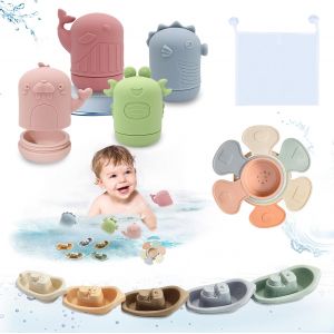 Ulteronixshop-Set De 15 Jouets De Bain, Jouets De Bain Jouets &Agrave; Presser Sensoriels Avec Bateaux Empilables Et Cuill&egrave;re, Jouets Pour Plage Ou Plein Air, Animaux Jouets Flottants, Jouets Baignoire, Pou - Neuf