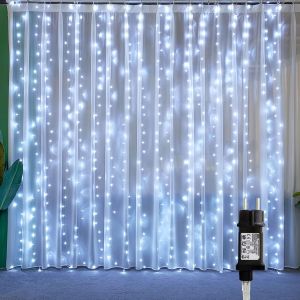 KAL-Rideau Lumineux, Guirlandes Lumineuses 300 Led 3Mx3M,8 Modes D'Eclairage, Basse Tension 31V, Decoration De Fenêtre, Noël, Mariage, Anniversaire, Maison, Patio, Etanche Ip44 Blanc - Neuf