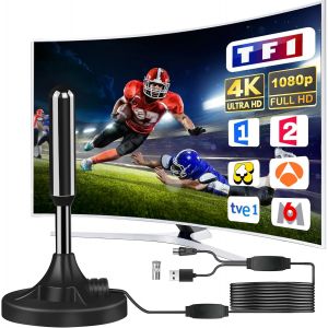 Antenne TV IntéRieur Puissante,Nouveau pour 2025 Antenne TNT IntéRieur Puissante,CâBle Coaxial De 5m,RéCeption Longue Distance 500km,360 DegréS sans Angle Mort - Neuf