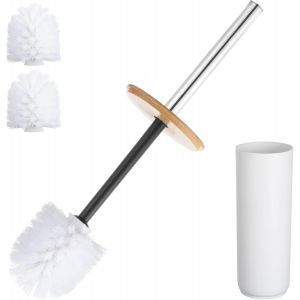 Lot de 3 brosses de toilette en plastique de bambou avec seau de rangement,3 t&ecirc;tes de pour accessoires d&eacute;coratifs de salle de bain (blanc) - Neuf