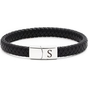 Bracelet En Cuir Pour Homme - Avec Gravure De Lettres De A À Z - Noir - Bracelet En Cuir Tressé Avec Fermeture Magnétique - Cadeau De Noël D'anniversaire Pour Homme, 21 Cm, Cuir, No Gemstone - Neuf