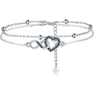 Bracelet Coeur Infini Pour Femme Argent Sterling 925 Double Amitié Chaînes Bracelet Avec Zircone, Cadeau Pour Anniversaire Fête Des Mères, Réglable 17+4cm - Neuf
