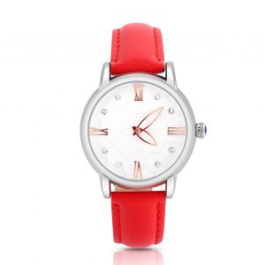 Montre Analogique A Quartz Etanche Pour Femme Avec Bracelet En Cuir (Camelia Et Bracelet Rouge) - Neuf