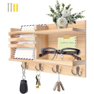 Cauc-Porte-Cl&eacute;s Mural En Bois Avec 4 Crochets Doubles, Organiseur De Courrier Mural En Bois Avec &Eacute;tag&egrave;re Pour D&eacute;coration Murale, Entr&eacute;e, Vestiaire, Couloir, Bureau - Neuf
