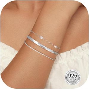 Kal-Bracelet Femme Argent Sterling R&eacute;glable Bracelets Empilable Bracelet &Agrave; Cha&icirc;ne Serpent Bracelet Argent Bijoux Pour Femme Filles - Neuf