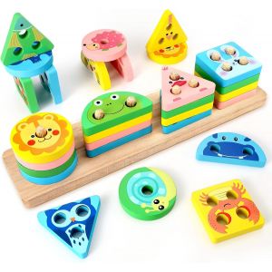 ChenQuanSarl-Jouets Puzzle En Bois Montessori 1 2 3 Ans, Jouet Empilable En Bois Pour Tout-Petits, Jouets Puzzle À Empiler Et De Développement En Bois Pour Enfants 1 An - Neuf