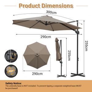 Parasol D&eacute;port&eacute; 300 Cm Gris Taupe, Rotation 360&deg;, Inclinable 0&iquest;60&deg;, Toile Polyester 200 G/M&sup2; Uv50+ - Neuf