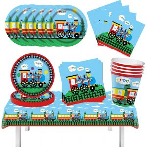 Tianyi-Ensemble De Vaisselle De Fête D'anniversaire Train Pour 16 Invités ¿ 49 Pièces Avec Assiettes En Carton, Serviettes, Nappes Et Décoration De Table - Neuf