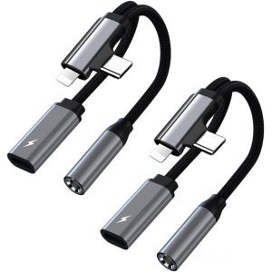 LORANKA-Adaptateur USB C/Lightning Jack 3.5mm avec Charge Rapide PD, Prise Type C/Lightning vers AUX 2 en 1 pour &eacute;couteurs, USB C Jack Compatible avec iPhone 16 Pro Max, Ultra/S24/S24(2 pi&egrave;ce/argent) - Neuf