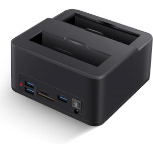 Station d'accueil Double Baie USB 3.0 pour disques durs/SSD SATA 2,5""/3,5"" (jusqu'&agrave; 2x16TB) avec Lecteur de Cartes SD/microSD int&eacute;gr&eacute;. Prend en Charge Le clonage Hors Ligne, Le Plug & Play - Neuf
