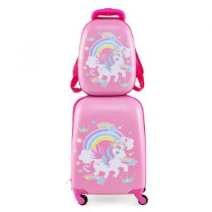 COSTWAY Valise Enfant à Roulettes 16¿¿ + Sac à dos 12¿¿, Ensemble de Bagage avec Motif Licorne, pour voyages en avion, Licorne Rose - Neuf