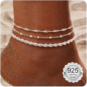 Eryi-Bracelets De Cheville Pour Femme En Argent Sterling 925 Bracelets De Cheville Tendance Délicats Empilable Bracelet De Cheville Ajustable Corde Chaîne Perlée Pied Bijoux De Plage Pour Femme - Neuf
