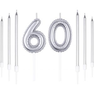 Eryi-Lot De Bougies D'anniversaire Argentées En Forme De Chiffre 60 Avec 6 Bougies Longues, 60 Bougies, Ensemble De Bougies D'anniversaire Pour 60e Anniversaire, Anniversaire De Mariage - Neuf