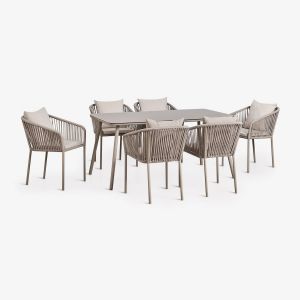 Set de table rectangulaire 160x90 cm et 6 chaises de salle &agrave; manger en corde tress&eacute;e Arhiza Classic Moka Brown - Neuf