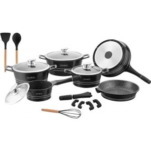 Letnerny-Batterie Casseroles 17 Pièces De Redevance Professionnelle En Aluminium Moulé Sous Pression Antiadhésif Revêtement En Pierre De Lave Sol Induction Et Gaz, Couvercles En Verre, Outils Inclus - Neuf