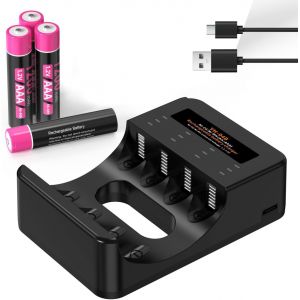 4 Slots Chargeur Piles Rechargeable Charge Rapide Pour Aa Aaa Rechargeable Avec Port Usb-C (4 Slots Chargeur +4Aaa) - Neuf