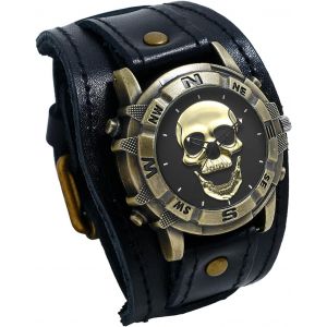 Eryi-Montre Homme Cuir Crâne: Montre Homme Bracelet Cuir Large Avec Cadran Tête De Mort Bronze Vintage Gothique Punk Biker Montre Poignet De Force Manchette Analogique Quartz - Cadeau Halloween - Neuf