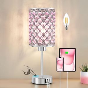 Lampe De Table Cristal Avec Ports Usb-C/A - Lampe De Chevet Tactile 3 Niveaux Lumi&egrave;re - Abat-Jour Cristallin Pour Chambre De Fille & Salon - Inclut Ampoule&iquest;Rose&iquest; - Neuf