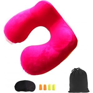 Oreiller De Voyage Gonflable Avec Vanne,Coussin De Cou Gonflable De Velours Doux Avec Bouchon D'oreille Et Masque Pour Les Yeux (Rose) - Neuf