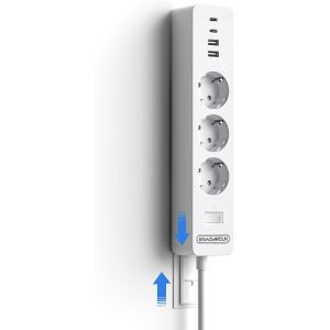 Multiprise Murale avec Plaque Adh&eacute;sive, 3 Prises avec USB-C, 7 en 1 Prises Multiprise Murale Montage C&acirc;ble de 1,5 m, avec Interrupteur, Protection pour Les Enfants, Int&eacute;rieur, Blanc - Neuf