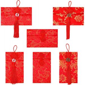 6pcs Enveloppe Rouge Chinoise en Soie, 2024 Enveloppe Rouge en Soie Hong Bao et Nouds/Jade/Pièces de Cuivre pour la Fête d'Anniversaire de la Fête du Printemps de l'Année Lunaire - Neuf